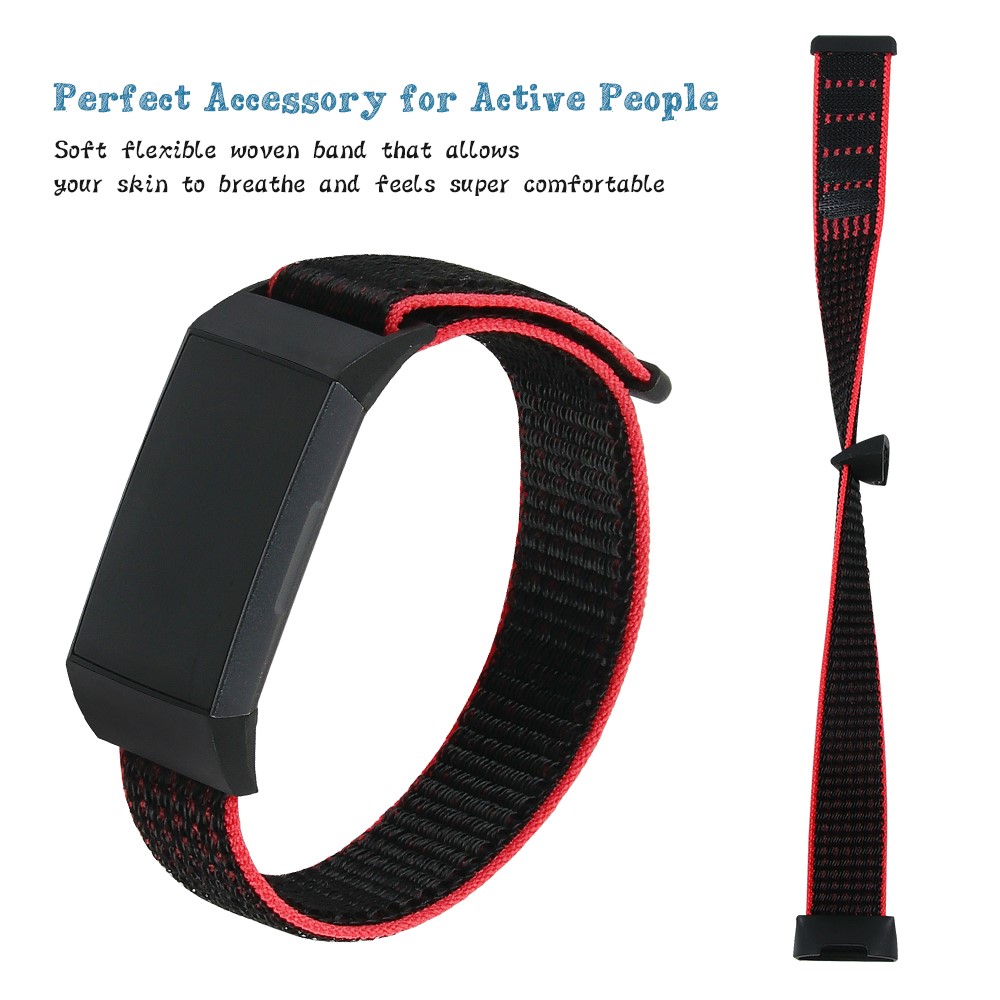 Nylon Knit Loop Fastener Smart Watch Strap for Fitbit Charge 4/3 - Black/Red-4