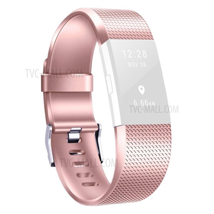 Metal-like Color Waffle Texture Silicone Watch Replacement Band, Size S for Fitbit Charge 2 - Rose Gold-1