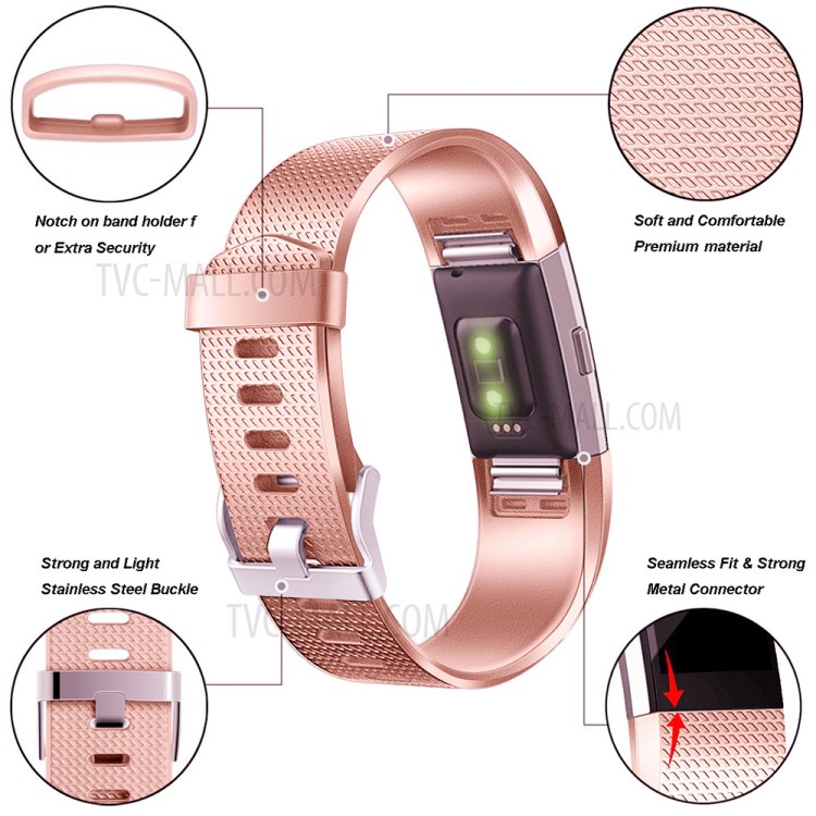 Metal-like Color Waffle Texture Silicone Watch Replacement Band, Size S for Fitbit Charge 2 - Rose Gold-2