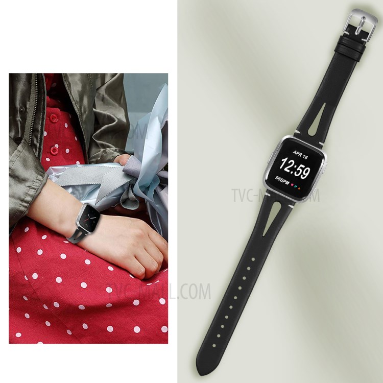Genuine Leather Printing Skin Watch Band for Fitbit Versa - Black-3