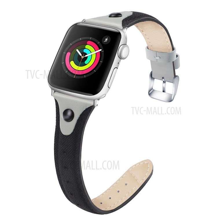 Canvas+Genuine Leather Rivet Watch Strap for Apple Watch Series 5/4 44mm / Series 3/2/1 42mm - Black/Grey-2