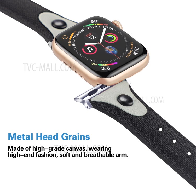 Canvas+Genuine Leather Rivet Watch Strap for Apple Watch Series 5/4 44mm / Series 3/2/1 42mm - Black/Grey-4