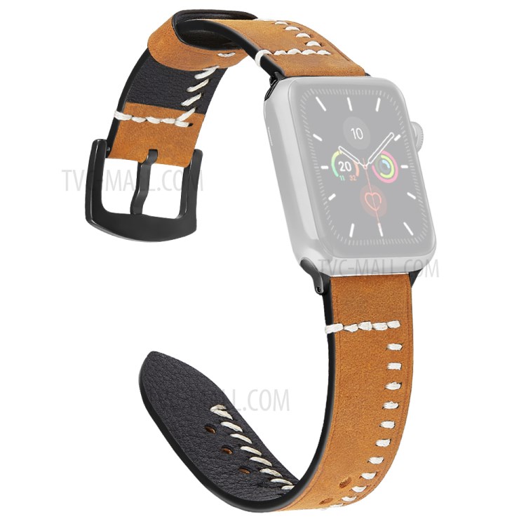 Hand Stitches Style Genuine Leather Watch Band for Apple Watch Series 6/SE/5/4 44mm, Series 3/2/1 42mm - Yellow-1