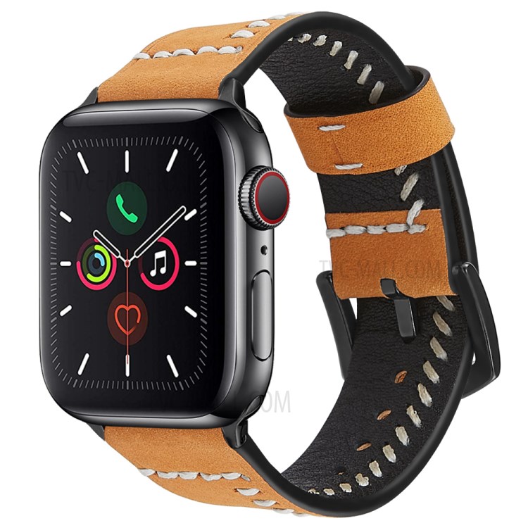 Hand Stitches Style Genuine Leather Watch Band for Apple Watch Series 6/SE/5/4 44mm, Series 3/2/1 42mm - Yellow-2
