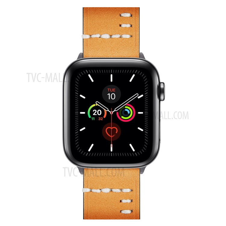 Hand Stitches Style Genuine Leather Watch Band for Apple Watch Series 6/SE/5/4 44mm, Series 3/2/1 42mm - Yellow-3