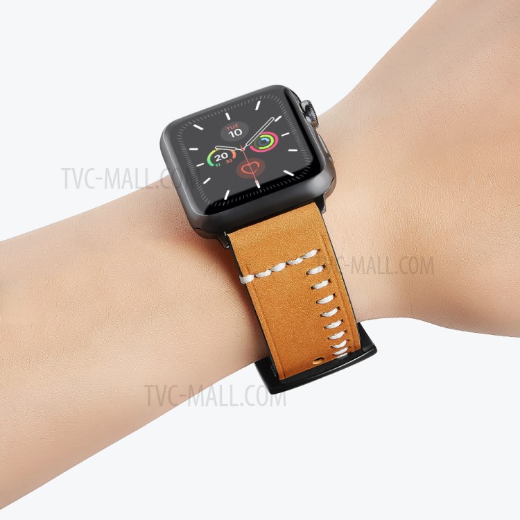 Hand Stitches Style Genuine Leather Watch Band for Apple Watch Series 6/SE/5/4 44mm, Series 3/2/1 42mm - Yellow-5