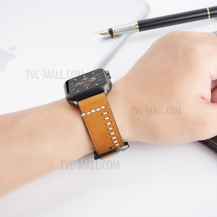 Hand Stitches Style Genuine Leather Watch Band for Apple Watch Series 6/SE/5/4 44mm, Series 3/2/1 42mm - Yellow-6