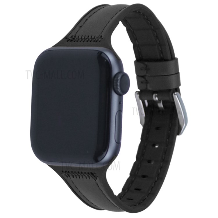 Leather Coated Silicone Watchband Strap Silver Buckle for Apple Watch Series 5/4 40mm / Apple Watch Series 1/2/3 38mm - Black-3