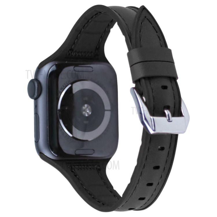 Leather Coated Silicone Watchband Strap Silver Buckle for Apple Watch Series 5/4 40mm / Apple Watch Series 1/2/3 38mm - Black-4