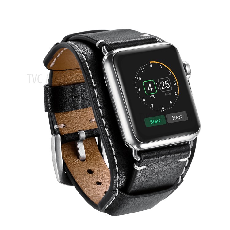 Crazy Horse Genuine Leather Watch Band for Apple Watch Series 5/4 44mm / Watch Series3/2/1 42mm - Black/White Thread-2