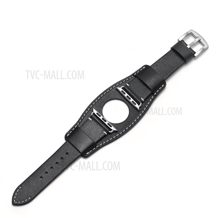 Crazy Horse Genuine Leather Watch Band for Apple Watch Series 5/4 44mm / Watch Series3/2/1 42mm - Black/White Thread-3