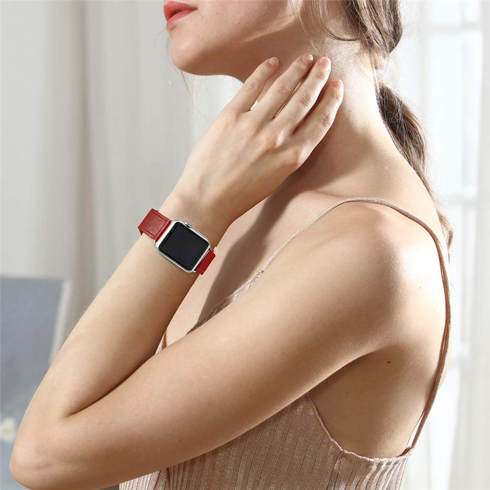 Quality Genuine Leather Watch Band Replacement for Apple Watch Series 1/2/3 38mm / Series 4/5/6/SE 40mm - Red-2