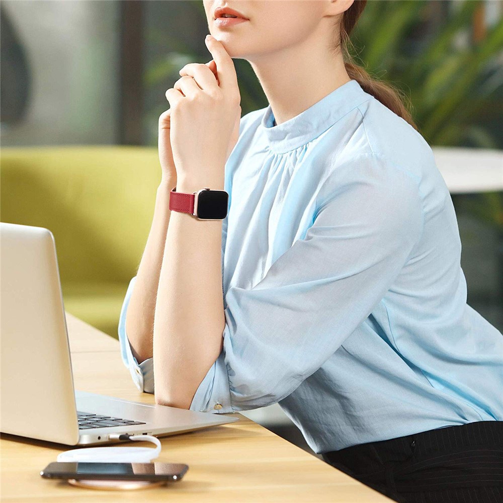Quality Genuine Leather Watch Band Replacement for Apple Watch Series 1/2/3 38mm / Series 4/5/6/SE 40mm - Red-3