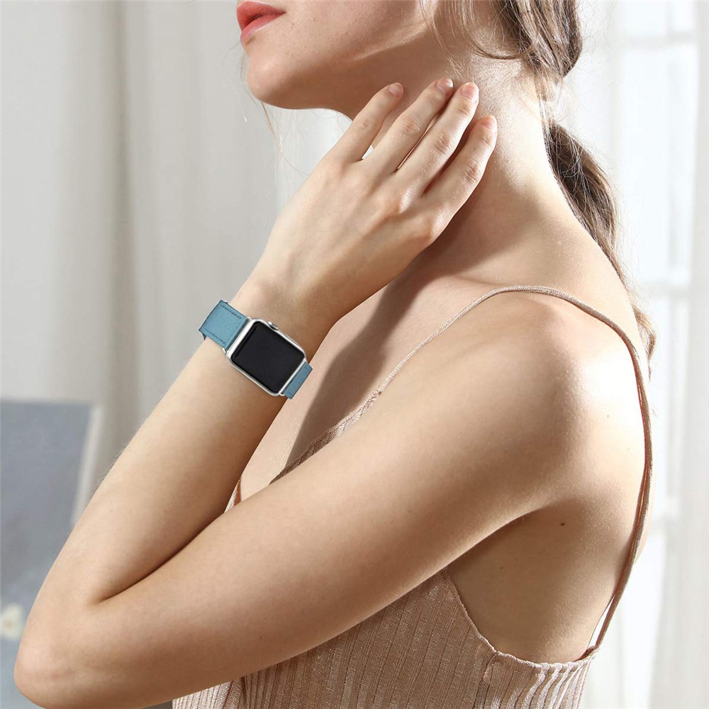 Quality Genuine Leather Watch Band Replacement for Apple Watch Series 1/2/3 38mm / Series 4/5/6/SE 40mm - Blue-5