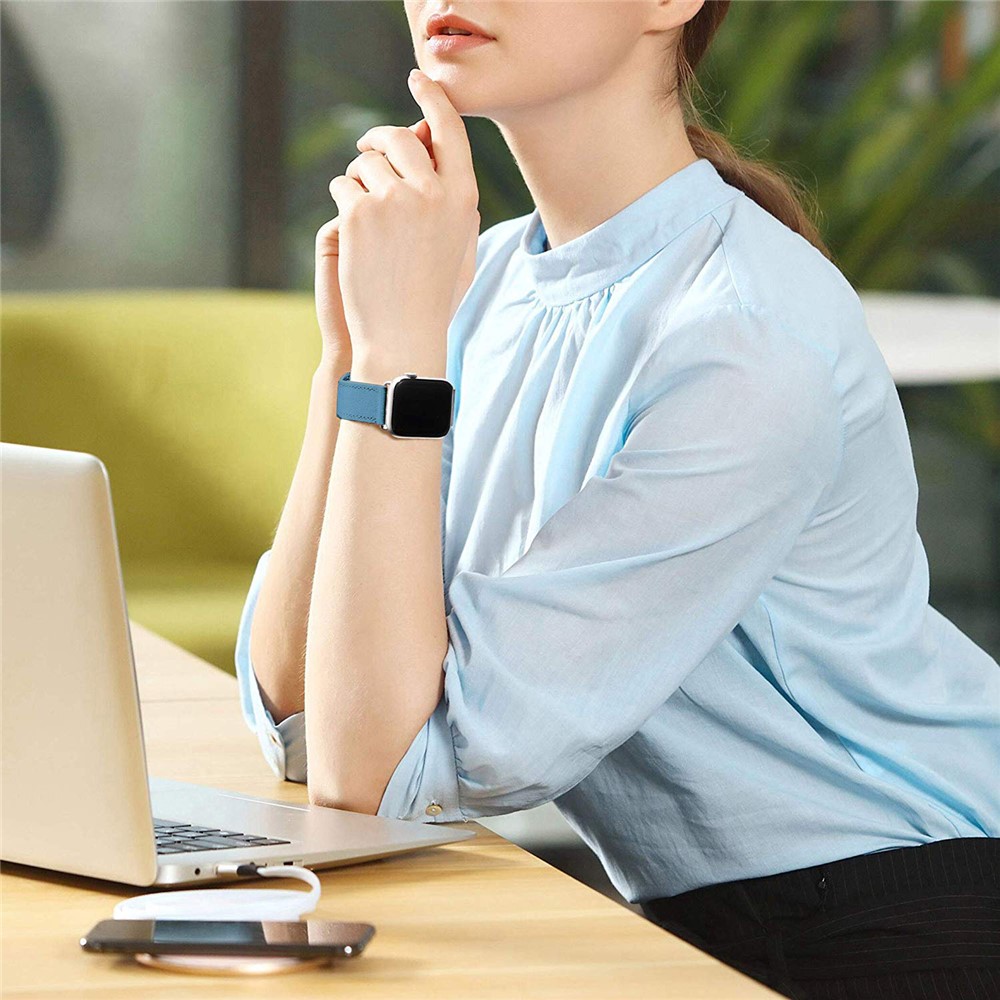 Quality Genuine Leather Watch Band Replacement for Apple Watch Series 1/2/3 38mm / Series 4/5/6/SE 40mm - Blue-6