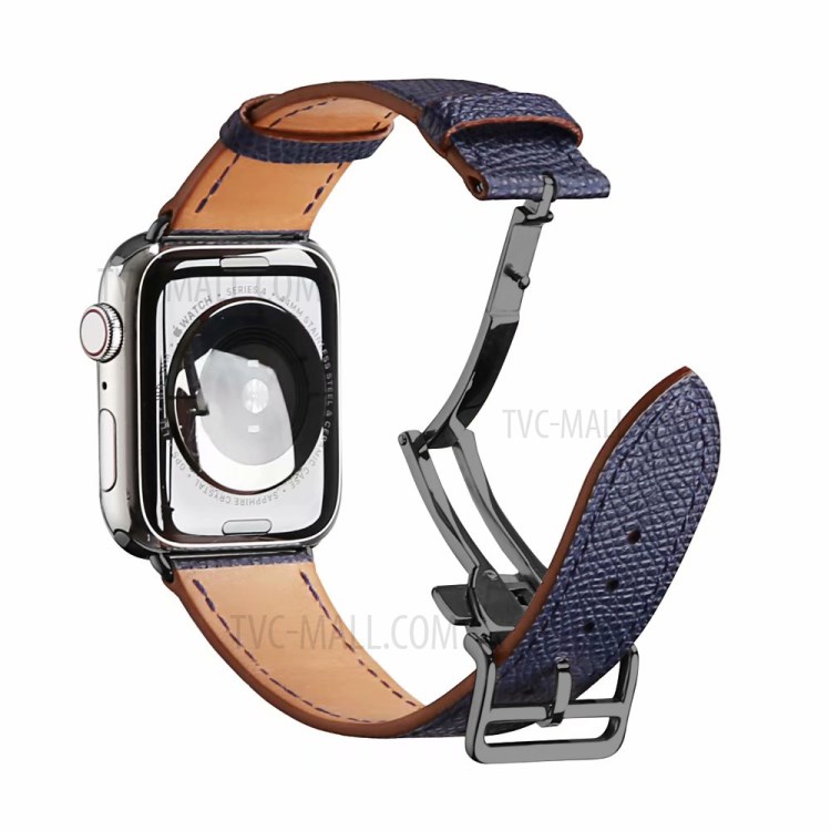 Genuine Leather Replace Strap for Apple Watch SE/Series 6/5/4 44mm / Series 3/2/1 42mm Black Folding Buckle - Sapphire Blue-1