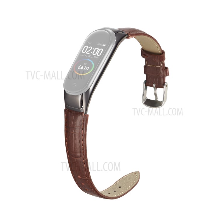 For Xiaomi Mi Band 5 Crocodile Texture Genuine Leather Watch Strap - Brown-1