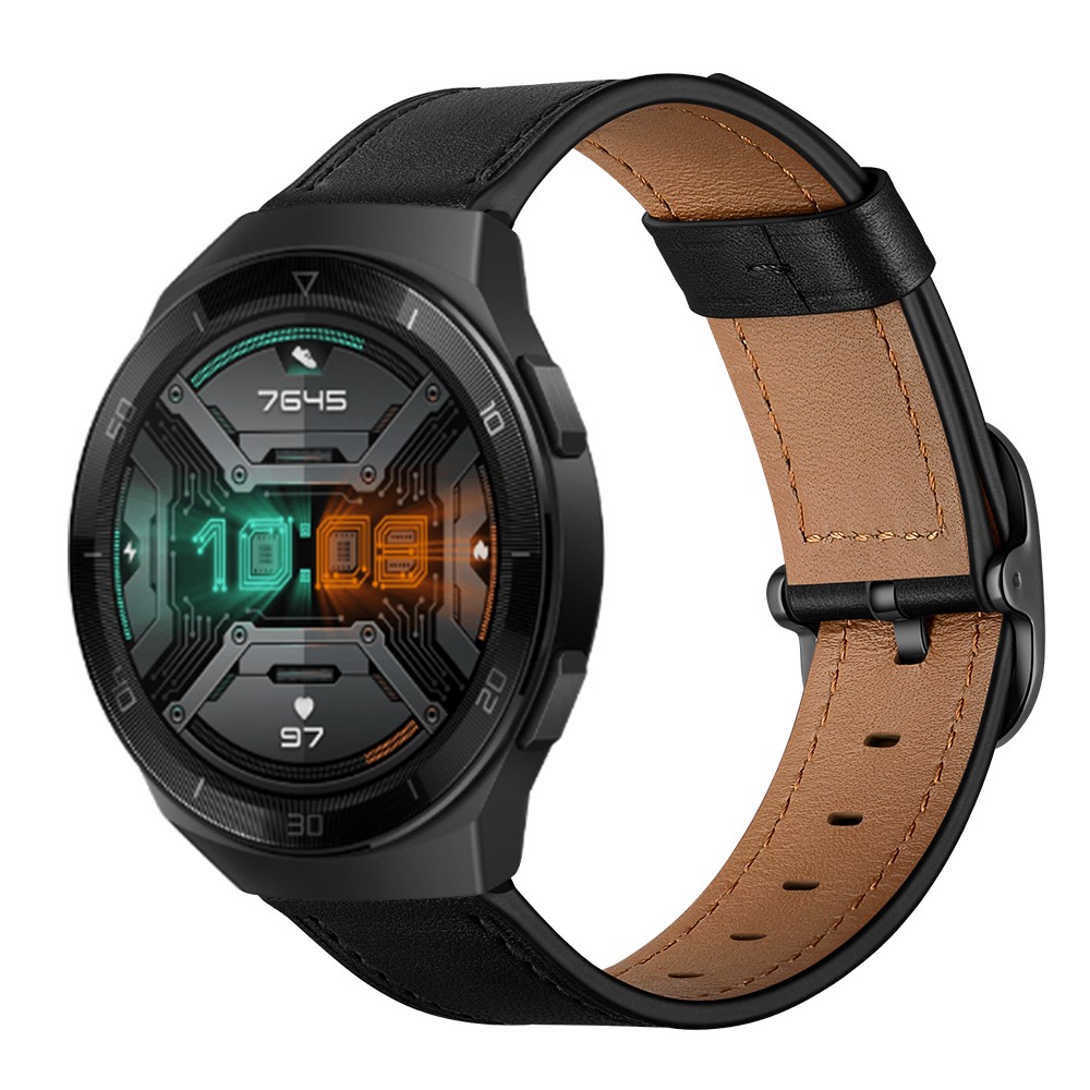 22mm Echter Leder -uhren -band -ersatz Für Huawei Uhr Gt2e/ Samsung Galaxy Watch3 45 mm Usw. - Schwarz