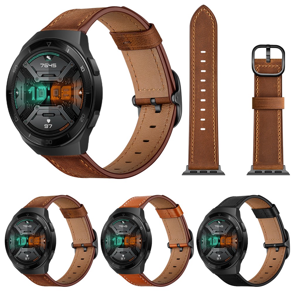 22mm Echter Leder -uhren -band -ersatz Für Huawei Uhr Gt2e/ Samsung Galaxy Watch3 45 mm Usw. - Schwarz-8