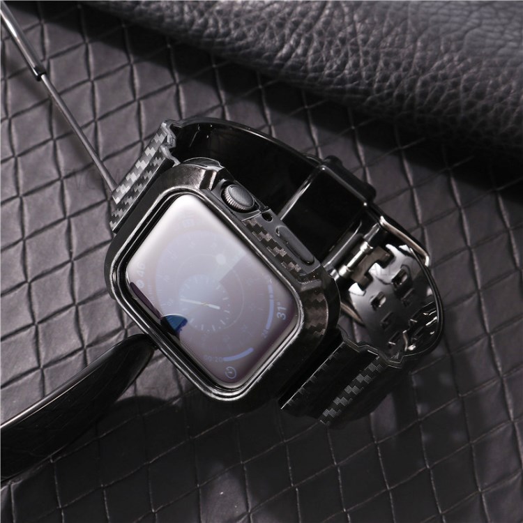 Carbon Fiber Texture TPU Watch Strap with Frame Replacement for Apple Watch Series 5/4 44MM / Series 3/2/1 42mm - Black-2