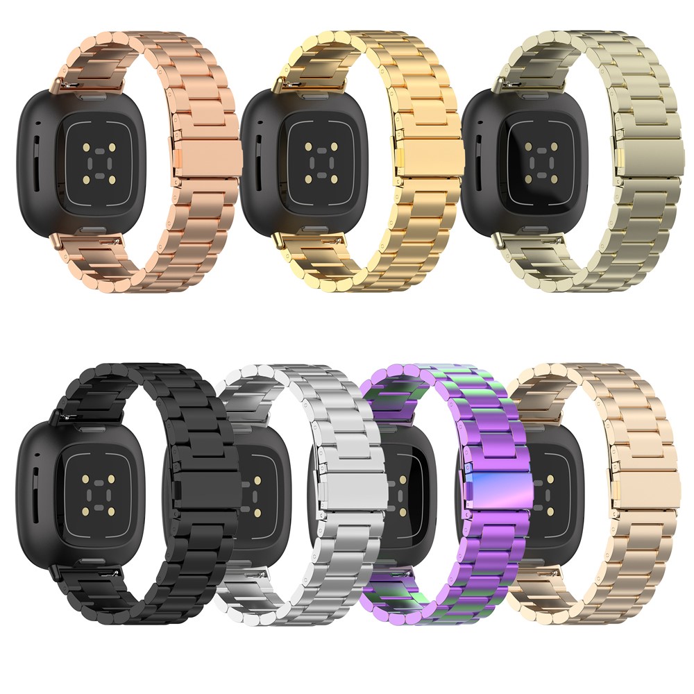 Stainless Steel Three Bead Buckle Chain Band for Fitbit Versa 3/Sense Watchband Replacement - Black-11