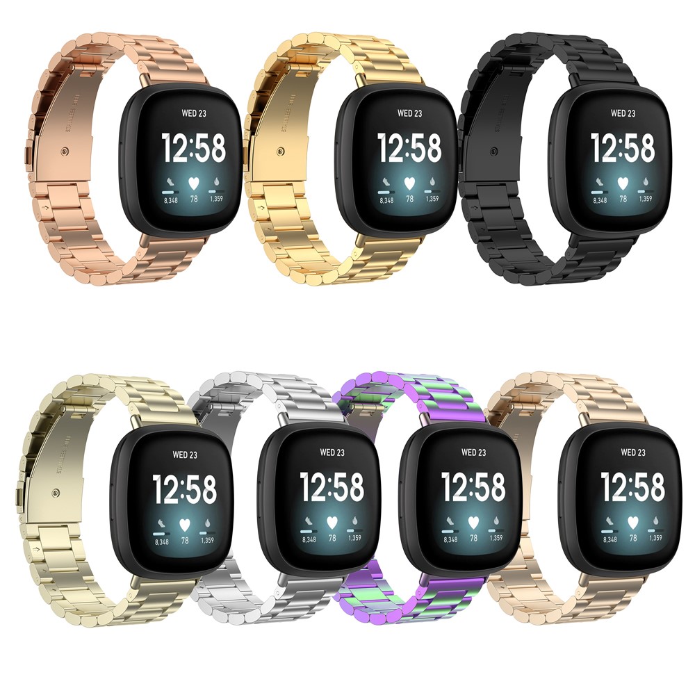 Stainless Steel Three Bead Buckle Chain Band for Fitbit Versa 3/Sense Watchband Replacement - Black-12
