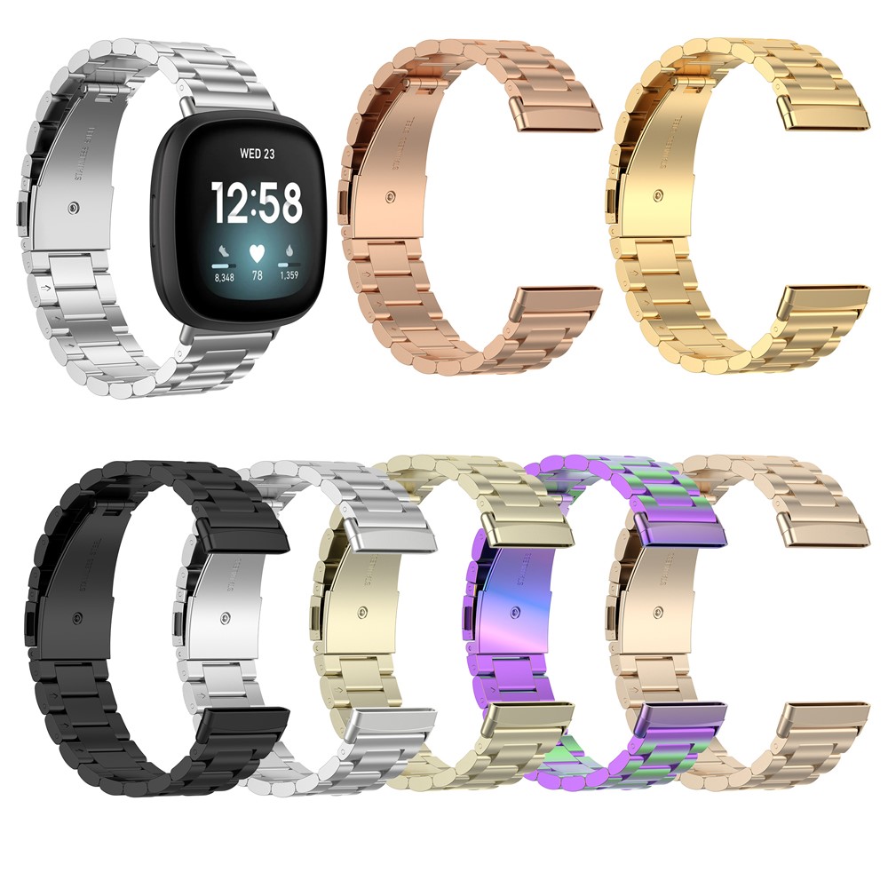 Stainless Steel Three Bead Buckle Chain Band for Fitbit Versa 3/Sense Watchband Replacement - Black-13