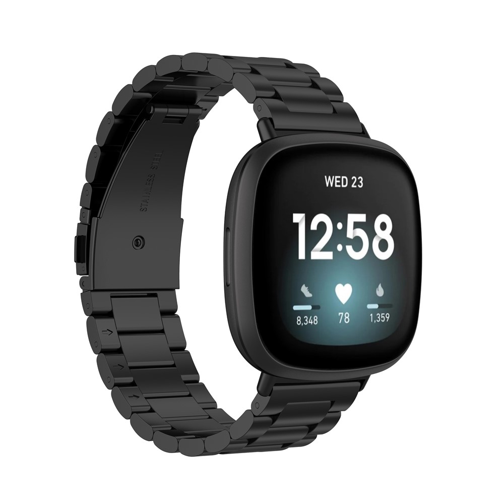 Stainless Steel Three Bead Buckle Chain Band for Fitbit Versa 3/Sense Watchband Replacement - Black-4