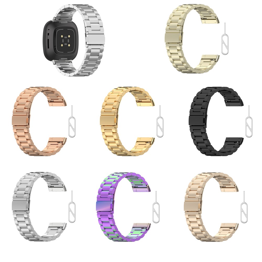 Stainless Steel Three Bead Buckle Chain Band for Fitbit Versa 3/Sense Watchband Replacement - Black-7