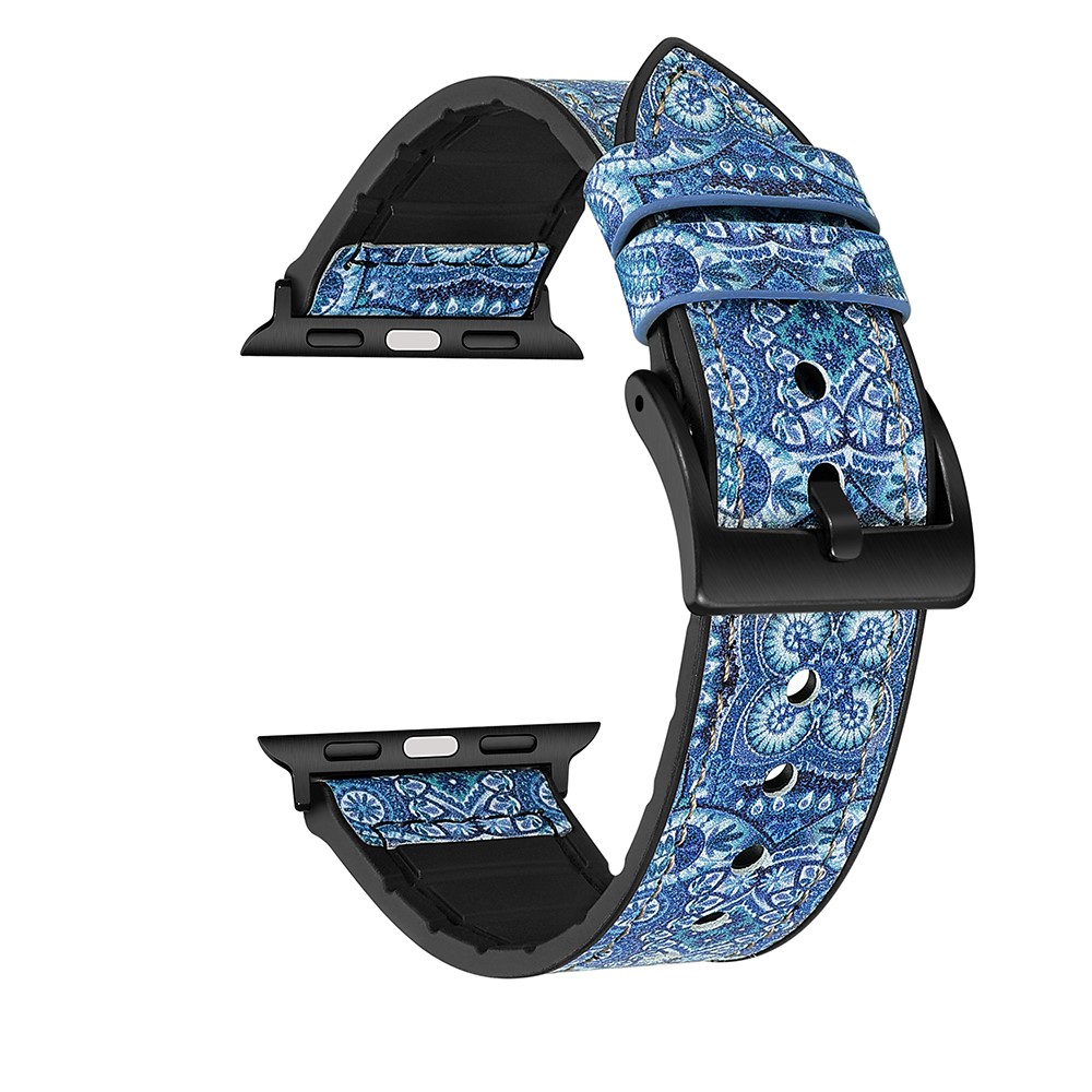 Farbe PU-Leder + Silikon-Uhrenarmband Für Apfel Uhruhr Serie 6/5/4 / SE 44mm, Serie 3/2/1 42mm - Blaues Blumenmuster-1