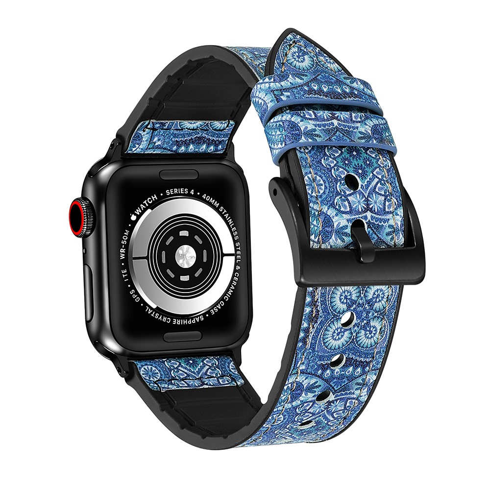 Farbe PU-Leder + Silikon-Uhrenarmband Für Apfel Uhruhr Serie 6/5/4 / SE 44mm, Serie 3/2/1 42mm - Blaues Blumenmuster-3