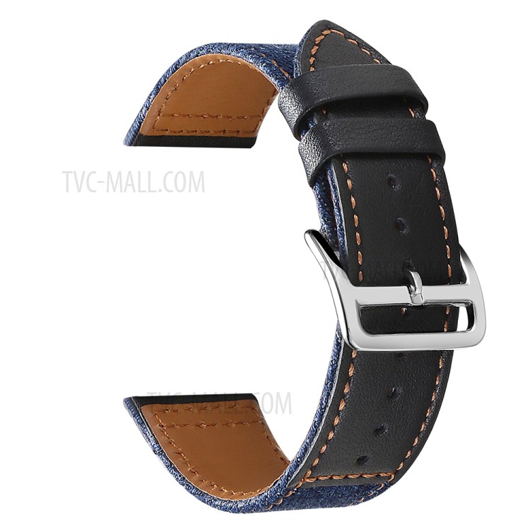 PU Leather + Jeans Cloth Watch Band 22mm for Samsung Galaxy Watch3 45mm - Black/Dark Blue-1