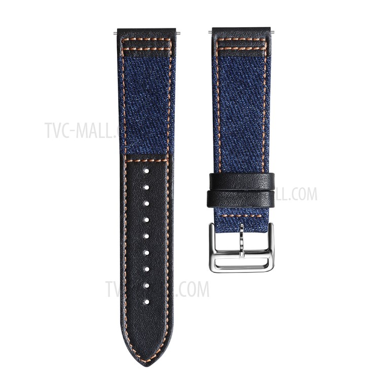 PU Leather + Jeans Cloth Watch Band 22mm for Samsung Galaxy Watch3 45mm - Black/Dark Blue-2