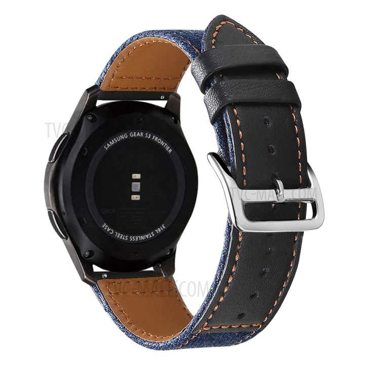 PU Leather + Jeans Cloth Watch Band 22mm for Samsung Galaxy Watch3 45mm - Black/Dark Blue-3