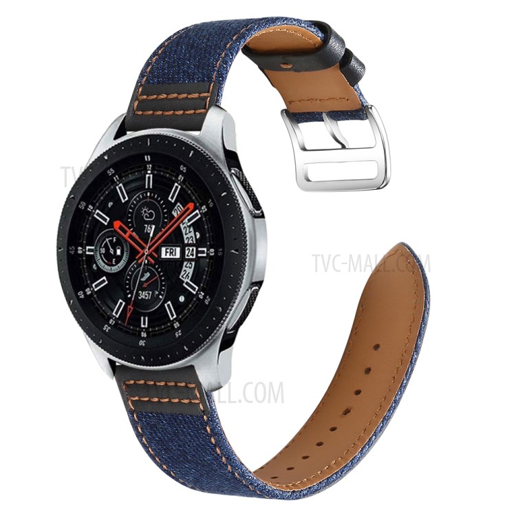PU Leather + Jeans Cloth Watch Band 22mm for Samsung Galaxy Watch3 45mm - Black/Dark Blue-4