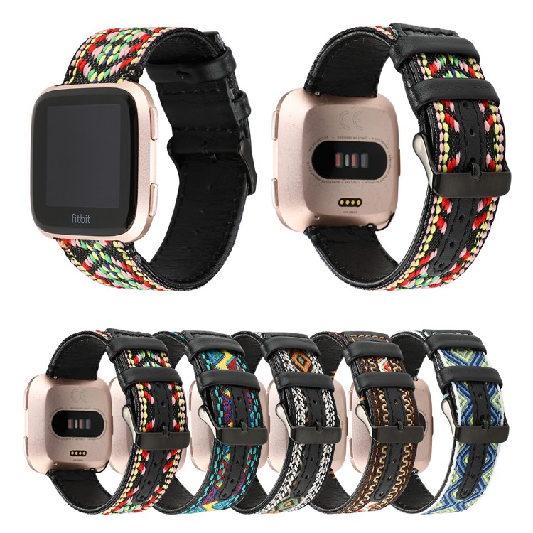 Ethnic Style Genuine Leather Cloth Watch Band Replacement for Fitbit Versa 2 / 1 - Brown-2