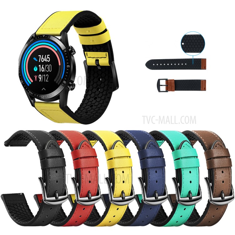 22mm Top Layer Leather Silicone Watch Strap for Huawei Watch GT 2 Pro 46mm - Black-6