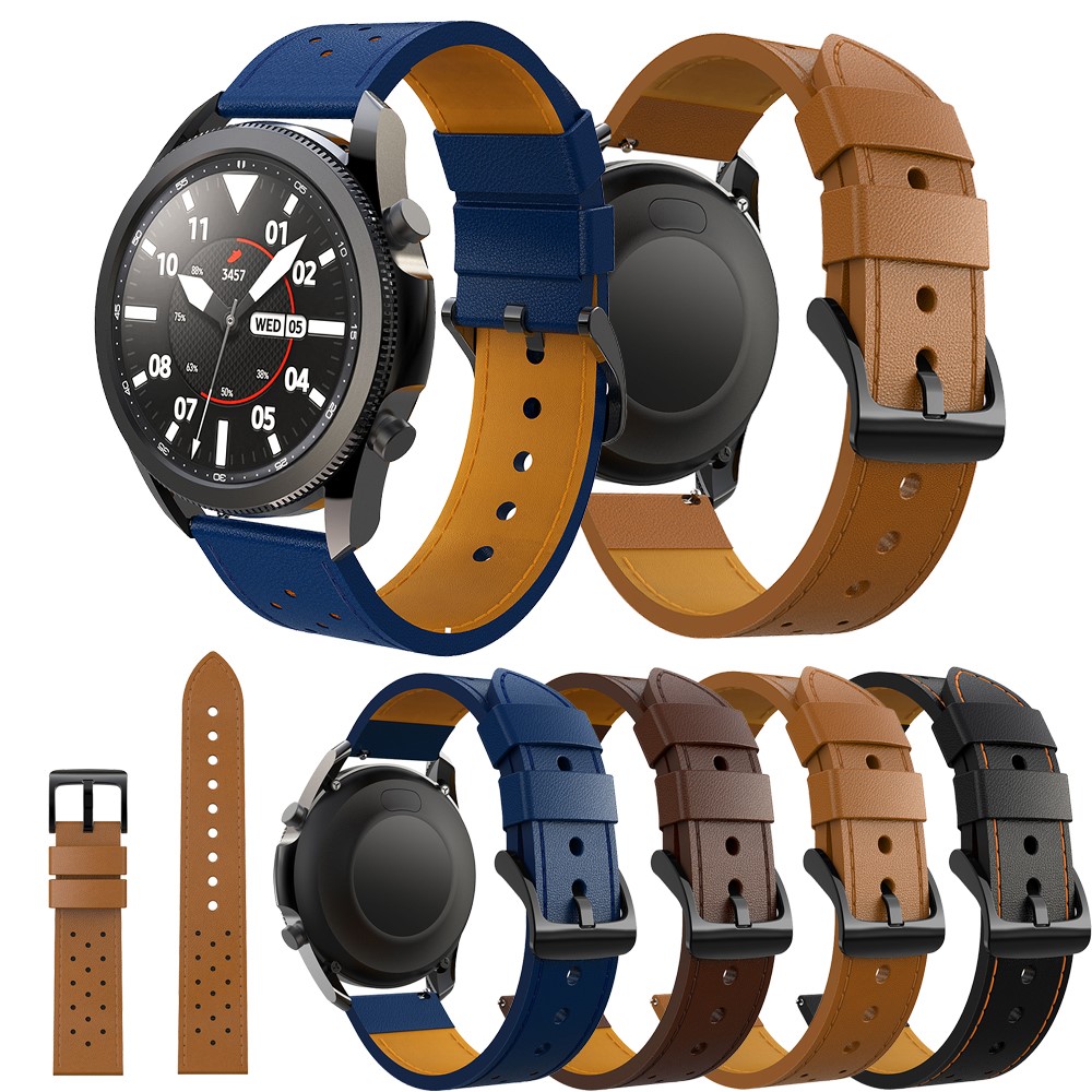 Stitching Genuine Leather Watch Band Replacement for Samsung Galaxy Watch3 45mm - Black/Orange Line-5