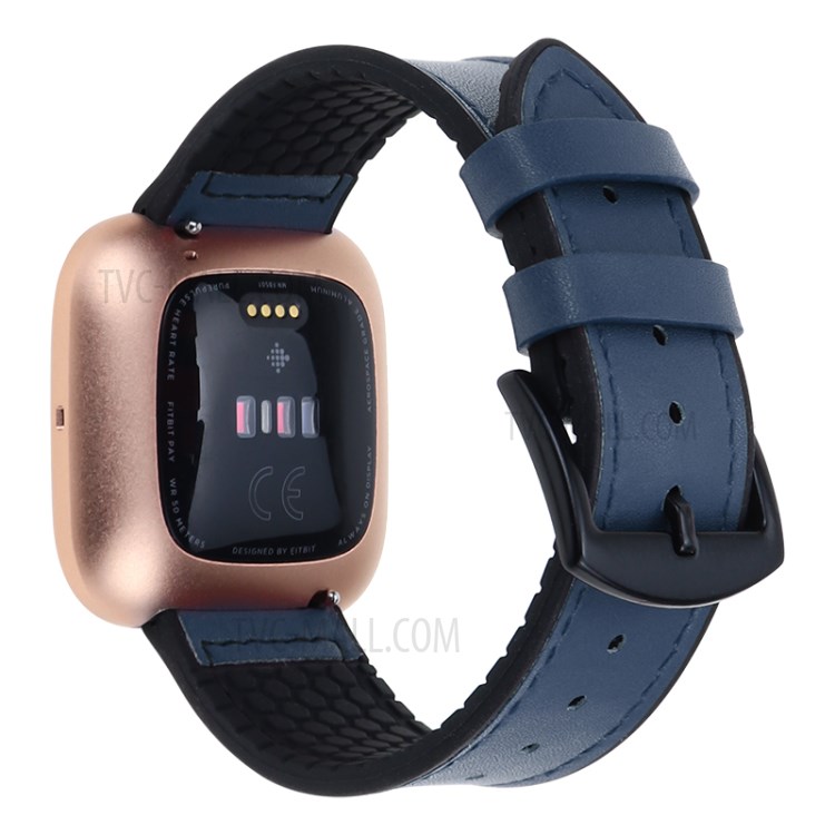 Top Layer Leather Silicone Watch Band for Fitbit Versa/Versa 2/Versa Lite - Blue-1