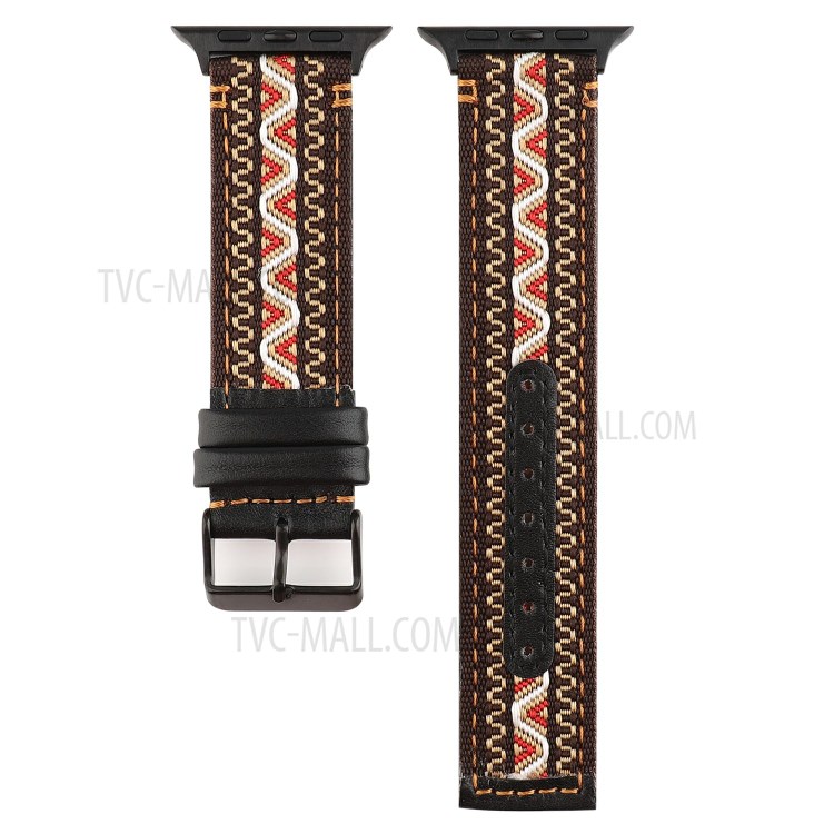 Ethnic Style Genuine Leather Cloth Watch Band for Apple Watch Series 6/5/4/SE 40mm, Series 3/2/1 38mm - Brown-1