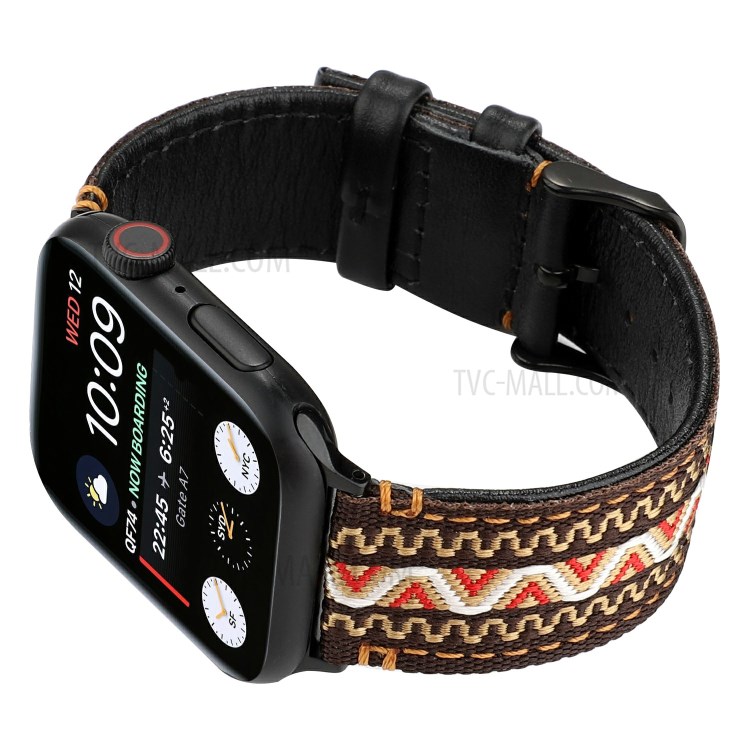 Ethnic Style Genuine Leather Cloth Watch Band for Apple Watch Series 6/5/4/SE 40mm, Series 3/2/1 38mm - Brown-4