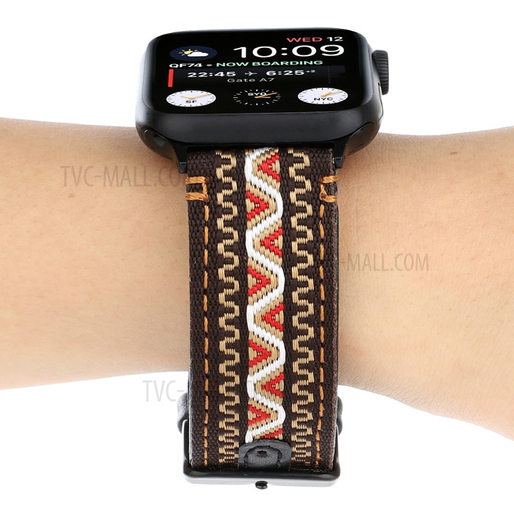 Ethnic Style Genuine Leather Cloth Watch Band for Apple Watch Series 6/5/4/SE 40mm, Series 3/2/1 38mm - Brown-5