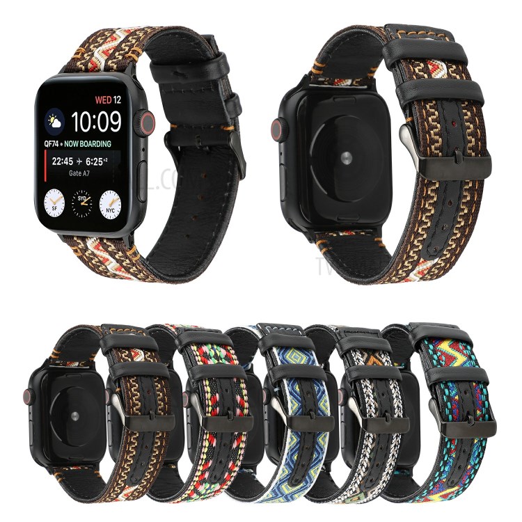 Ethnic Style Genuine Leather Cloth Watch Band for Apple Watch Series 6/5/4/SE 40mm, Series 3/2/1 38mm - Brown-6
