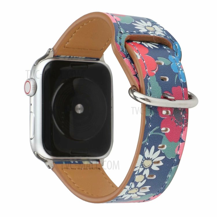 Genuine Leather Printing Watch Replace Band for Apple Watch Series 6 SE 5 4 44mm/Series 3 2 1 42mm - Red Flower-1