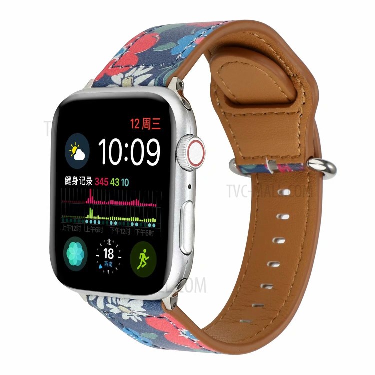 Genuine Leather Printing Watch Replace Band for Apple Watch Series 6 SE 5 4 44mm/Series 3 2 1 42mm - Red Flower-2