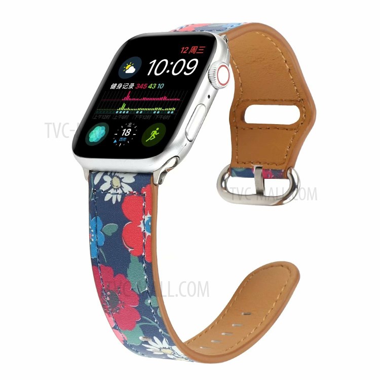 Genuine Leather Printing Watch Replace Band for Apple Watch Series 6 SE 5 4 44mm/Series 3 2 1 42mm - Red Flower-3