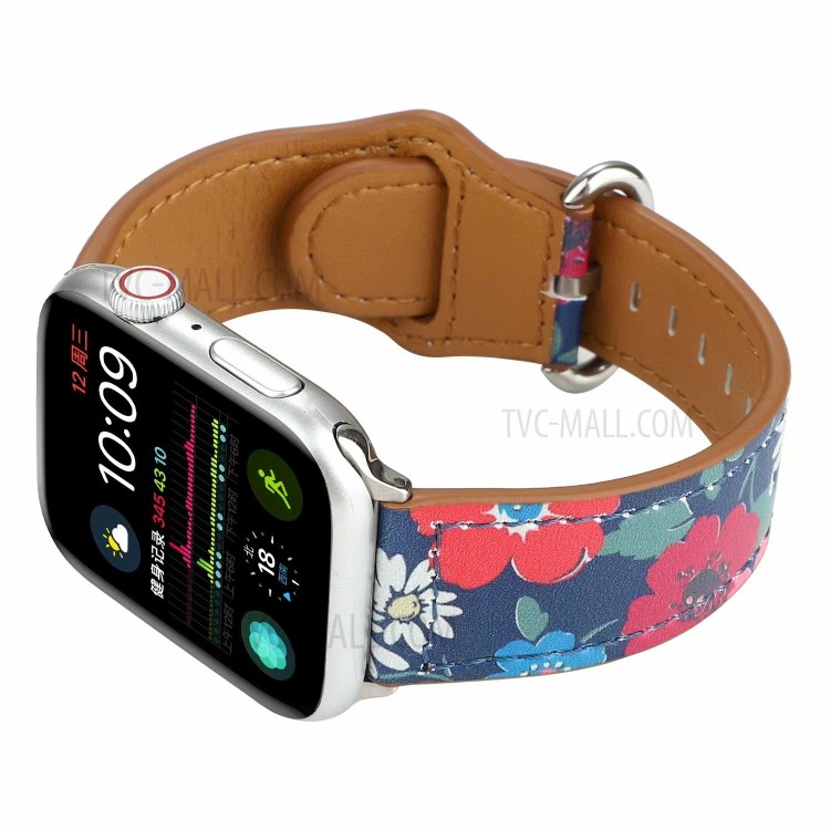 Genuine Leather Printing Watch Replace Band for Apple Watch Series 6 SE 5 4 44mm/Series 3 2 1 42mm - Red Flower-4