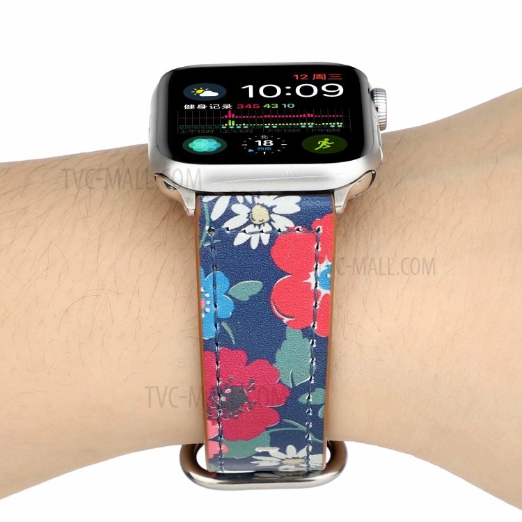 Genuine Leather Printing Watch Replace Band for Apple Watch Series 6 SE 5 4 44mm/Series 3 2 1 42mm - Red Flower-5