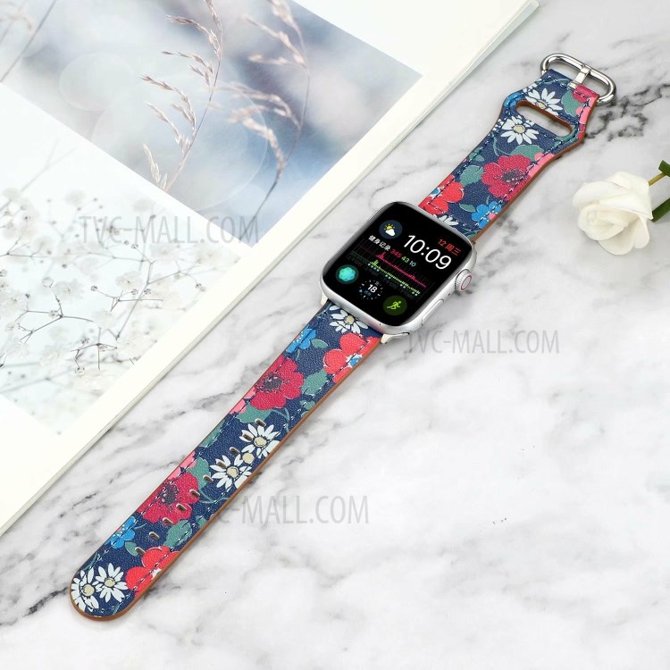 Genuine Leather Printing Watch Replace Band for Apple Watch Series 6 SE 5 4 44mm/Series 3 2 1 42mm - Red Flower-6