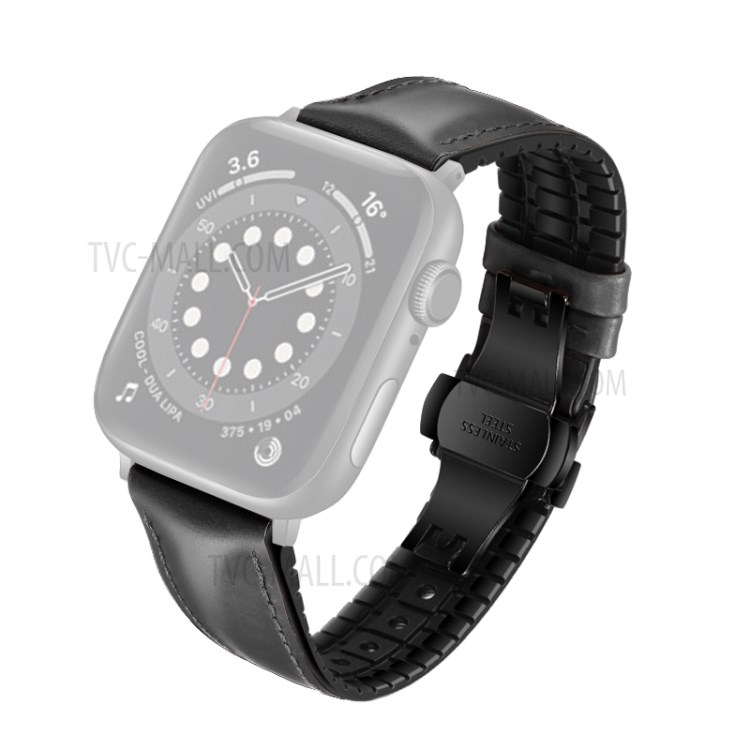 Rindsleder + Gummi Uhrenband Für Apple Watch Serie 6 40mm / SE 40mm / 4 40mm / 5 40mm / 3 38mm / 2 38mm / 1 38mm - Alles Schwarz-1